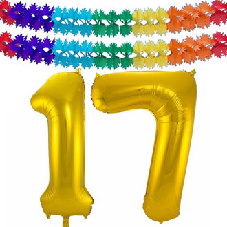 Folie ballonnen - Leeftijd cijfer 17 - goud - 86 cm - en 2x feestslingers - verjaardag versiering