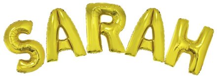 Folie ballonset goud met letters SARAH 102 cm + geschenklint 10m met 4 witte strikken