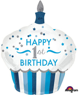 Folieballon 1st Birthday Cupcake 73 X 91 Cm Blauw/wit