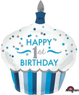 Folieballon 1st Birthday Cupcake 73 X 91 Cm Blauw/wit