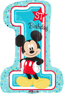 Folieballon 1st Birthday Mickey Mouse XL cijfer Blauw, Multikleur - Print