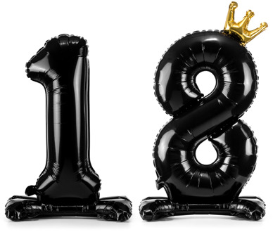 Folieballon Cijfer 18 Zwart Met Gouden Kroontje Op Standaard (84cm) Zwart, Goud - Brons