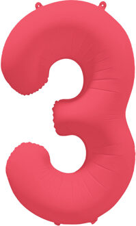 Folieballon Cijfer 3 Neon Rood (86cm) Rood - Zalm