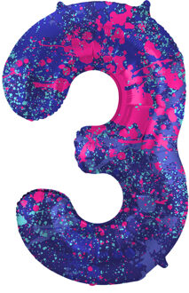 Folieballon Cijfer 3 Paint Splash Neon (86cm) Paars - Lila