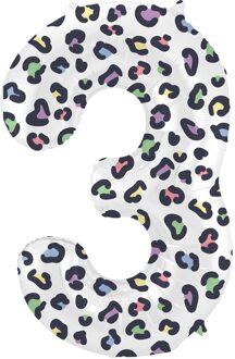 Folieballon Cijfer 3 Wit Met Panterprint (86cm) Multikleur - Print