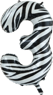 Folieballon Cijfer 3 Zebra (86cm) Wit - Transparant, Multikleur - Print