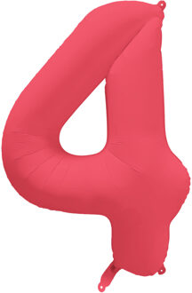 Folieballon Cijfer 4 Neon Rood (86cm) Rood - Zalm