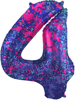 Folieballon Cijfer 4 Paint Splash Neon (86cm) Paars - Lila
