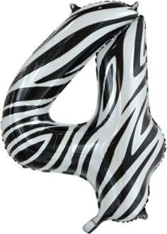 Folieballon Cijfer 4 Zebra (86cm) Wit - Transparant, Multikleur - Print