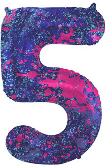 Folieballon Cijfer 5 Paint Splash Neon (86cm) Paars - Lila