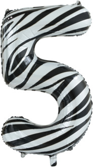 Folieballon Cijfer 5 Zebra (86cm) Wit - Transparant, Multikleur - Print