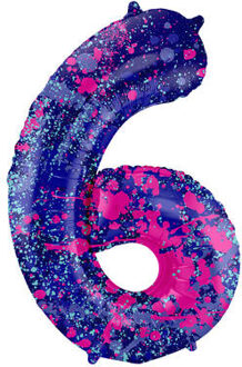 Folieballon Cijfer 6 Paint Splash Neon (86cm) Paars - Lila