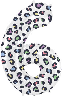Folieballon Cijfer 6 Wit Met Panterprint (86cm) Multikleur - Print