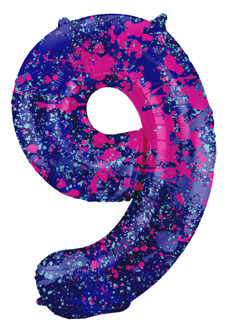 Folieballon Cijfer 9 Paint Splash Neon (86cm) Paars - Lila