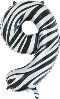 Folieballon Cijfer 9 Zebra (86cm) Wit - Transparant, Multikleur - Print