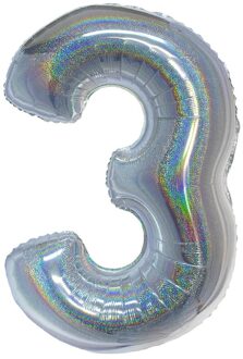 Folieballon Holografisch Zilver Cijfer '3' - 102cm Zilver - Grijs