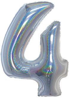 Folieballon Holografisch Zilver Cijfer '4' - 102cm Zilver - Grijs