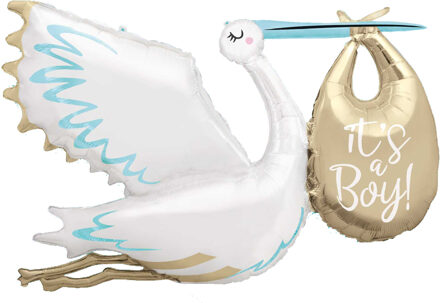 Folieballon Ooievaar 'It's a Boy' Jumbo (157cm) Blauw