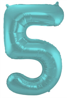 Folieballon Pastel Aqua Metallic Mat Cijfer 5 - 86cm Blauw, Turquoise