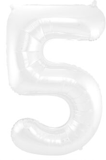 Folieballon Wit Metallic Mat Cijfer 5 (86cm) Wit - Transparant