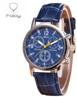 Foloy Mannen Horloge Часы Мужские Business Sport Mode Cijfers Faux Leather Analoge Quartz Gentleman Horloges Armband Klok Blauw