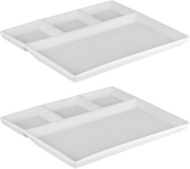 Fonduebord/gourmetbord - 2x - porselein - wit - 23 x 18 cm - 4 vakken