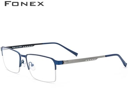 FONEX Legering Glazen Frame Mannen Vierkante Bijziendheid Recept Brillen Metal Half Velg Optische Frame Schroefloos Eyewear 8842 Blauw