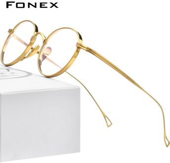 FONEX Pure Titanium Brilmontuur Mannen Retro Ronde Recept Brillen Vrouwen Vintage Bijziendheid Optische Brillen F85651 Goud