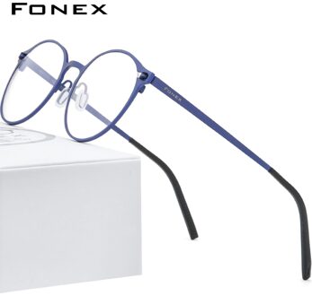 FONEX Puur Titanium Brilmontuur Vrouwen Retro Ronde Recept Brillen Mannen Antislip Optische Schroefloos Eyewear 8530 Blauw