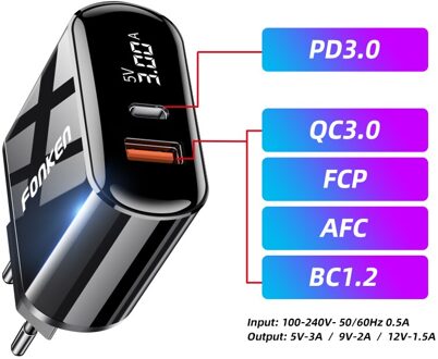 Fonken Quick Charge 3.0 Pd Charger 2 Poort Snel Opladen Voor Telefoon Oplader Usb Type C Port Muur Adapter Led display Dash Laders PD QC3.0