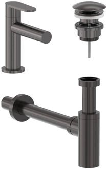 Fonteinkraan Combiset MAY Forma S Model Fonteinkraan, Designplug Always Open & Designsifon Geborsteld Carbon Black PVD Gunmetal
