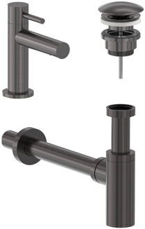 Fonteinkraan Combiset MAY Stilo S Model Fonteinkraan, Designplug Always Open & Designsifon Geborsteld Carbon Black PVD Gunmetal