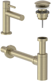 Fonteinkraan Combiset MAY Stilo S Model Fonteinkraan, Designplug Always Open & Designsifon Geborsteld Mat Goud PVD