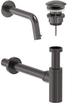 Fonteinkraan Combiset MAY Stilo Wandmodel Fonteinkraan, Designplug Always Open & Designsifon Geborsteld Carbon Black PVD Gunmetal