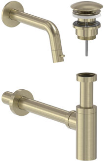 Fonteinkraan Combiset MAY Stilo Wandmodel Fonteinkraan, Designplug Always Open & Designsifon Geborsteld Mat Goud PVD