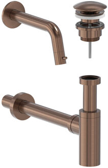 Fonteinkraan Combiset MAY Stilo Wandmodel Fonteinkraan, Designplug Always Open & Designsifon Geborsteld Mat Koper PVD