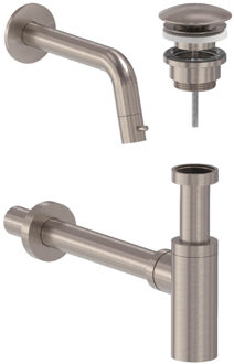 Fonteinkraan Combiset MAY Stilo Wandmodel Fonteinkraan, Designplug Always Open & Designsifon Geborsteld Nickel PVD Geborsteld Nikkel