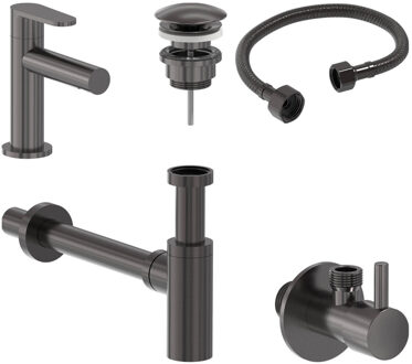 Fonteinkraan Combiset+ MAY Forma S Model Fonteinkraan, Designplug Always Open, Designsifon & Hoekstopkraan Geborsteld Carbon Black PVD Gunmetal