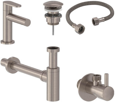 Fonteinkraan Combiset+ MAY Forma S Model Fonteinkraan, Designplug Always Open, Designsifon & Hoekstopkraan Geborsteld Nickel PVD Geborsteld Nikkel