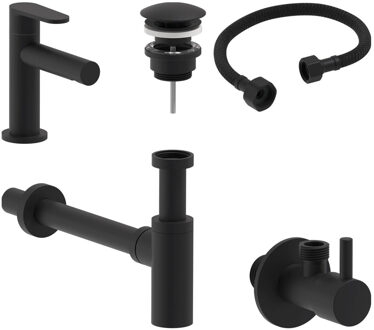 Fonteinkraan Combiset+ MAY Forma S Model Fonteinkraan, Designplug Always Open, Designsifon & Hoekstopkraan Mat Zwart PED