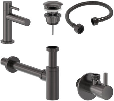 Fonteinkraan Combiset+ MAY Stilo S Model Fonteinkraan, Designplug Always Open, Designsifon & Hoekstopkraan Geborsteld Carbon Black PVD Gunmetal