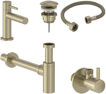 Fonteinkraan Combiset+ MAY Stilo S Model Fonteinkraan, Designplug Always Open, Designsifon & Hoekstopkraan Geborsteld Mat Goud PVD