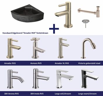 FonteinPack Natuursteen Hoek 30x30x10 cm RVS (Keuze uit 8 kranen) Zwart