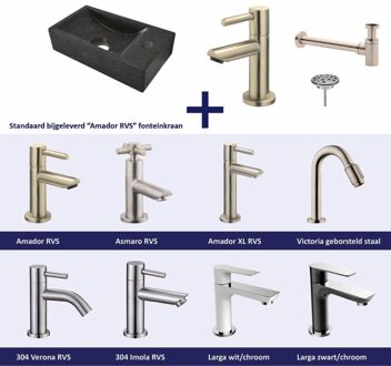 FonteinPack Natuursteen Rechts 36x18x9 cm RVS (Keuze uit 8 kranen) Zwart