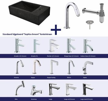 FonteinPack Recto Natuursteen Rechts 40x22x10 cm Chroom (Keuze uit 20 kranen) Zwart