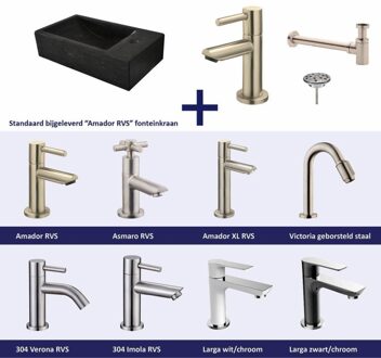 FonteinPack Recto Natuursteen Rechts 40x22x10 cm RVS (Keuze uit 8 kranen) Zwart