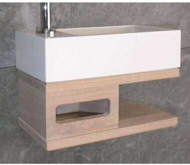 Fonteintafel Met Open Schap Massief Eiken 35X18,5 cm Glans Of Mat Wit - Solid Surface Zonder Kraangat Mat Wit
