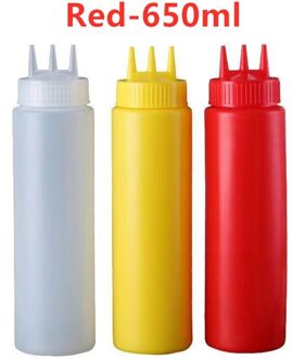 Food Grade 3 Gaten Twist Cap Plastic Squeeze Fles Ketchup Mosterd Mayo Sauzen Olijfolie Flessen Keuken Gadget rood-650ml