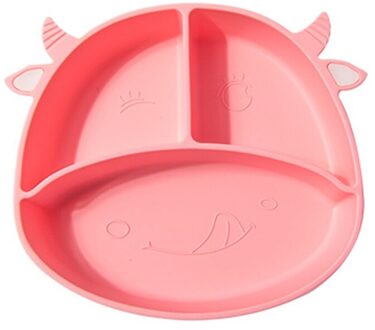 Food Grade Siliconen Cartoon Koeien Kindje Verdeeld Zuig Kom Antislip Kinderen Diner Plaat Leren Voeden Schotel Roze
