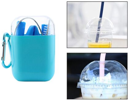 Food Grade Siliconen Rietjes Folding Flexibele Draagbare Herbruikbare Inklapbare Rietjes Met Draagtas En Schoon Borstels Blauw